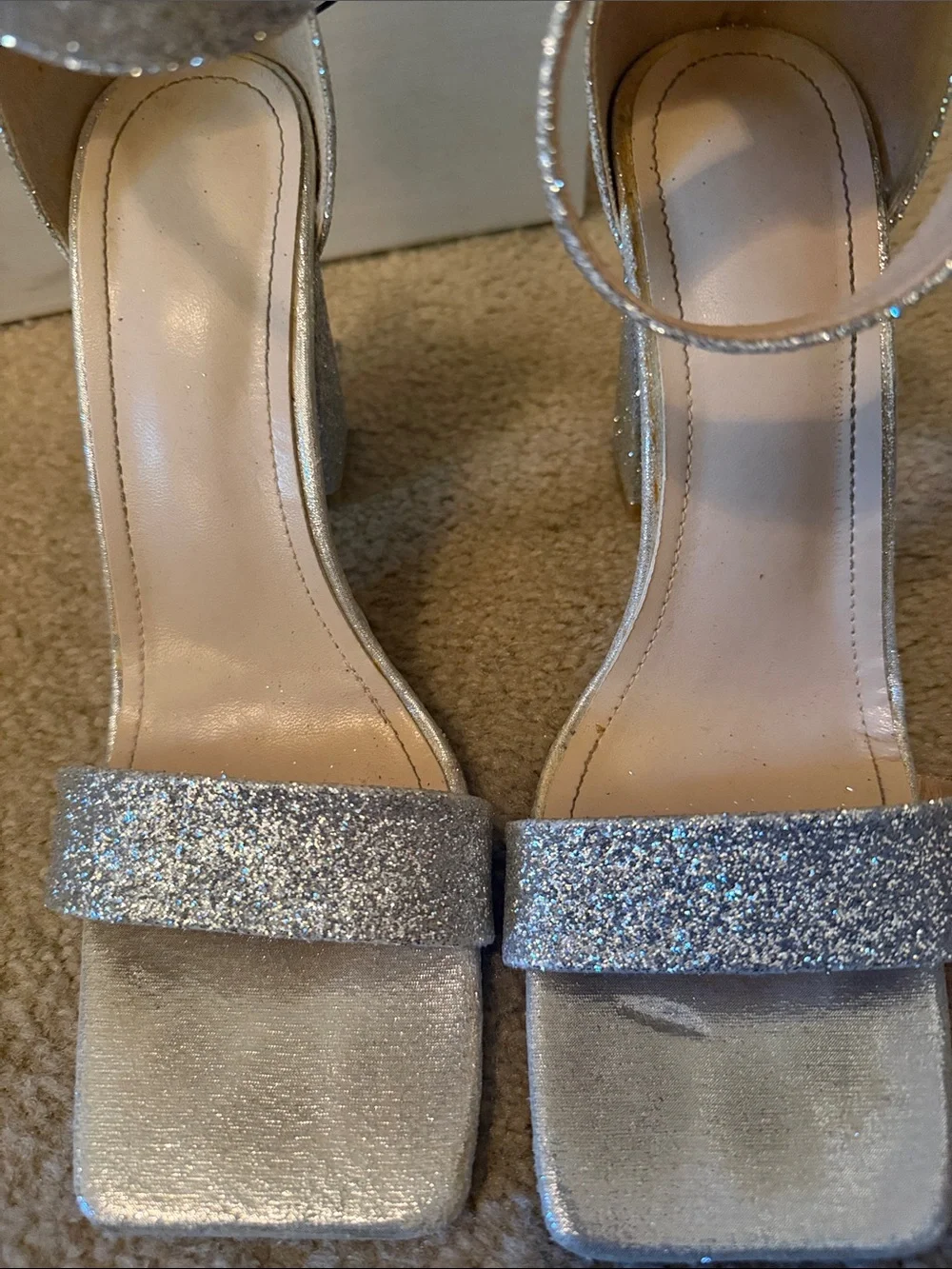 Steve Madden Silver Glitter Block Heel Sandals with Ankle Buckle